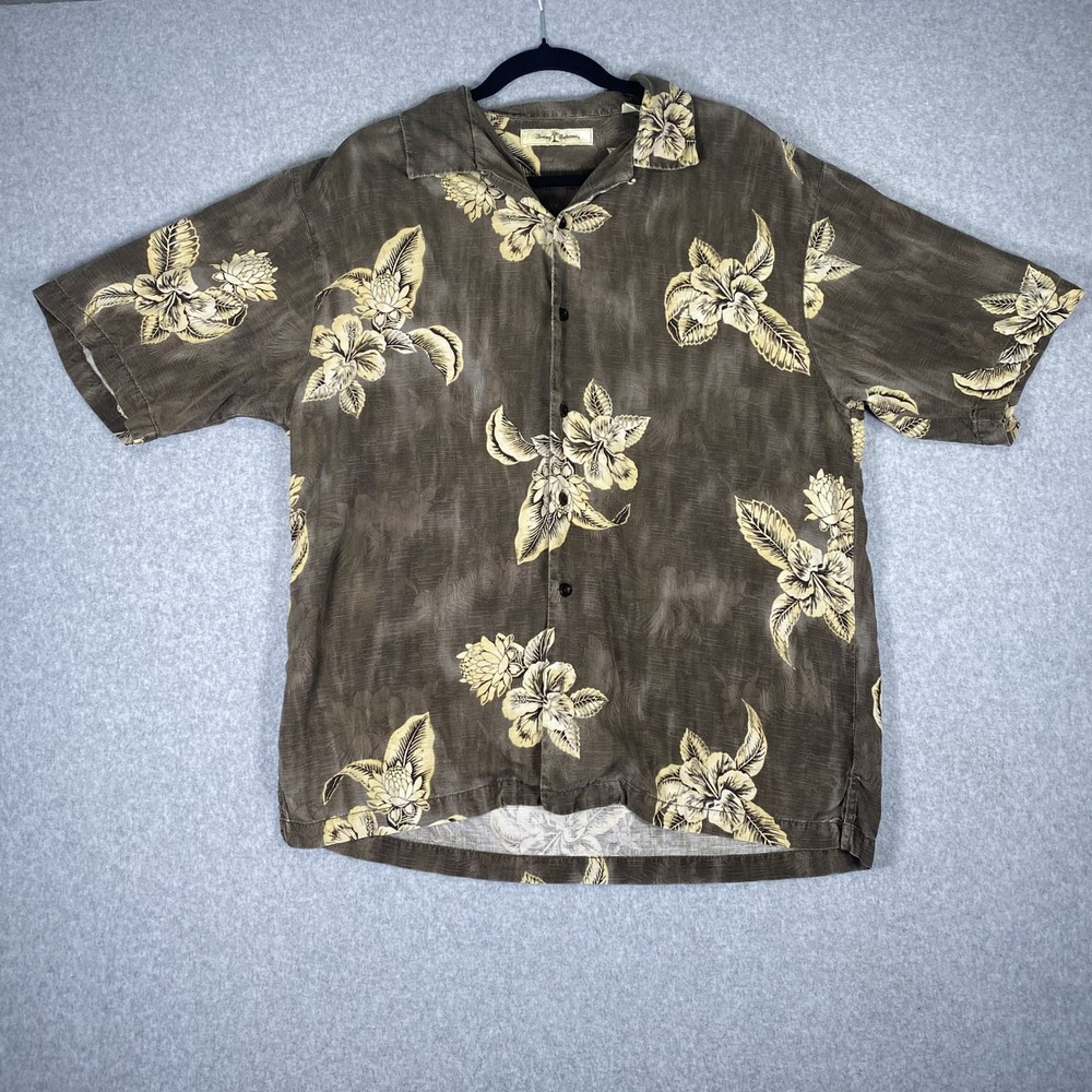 Tommy Bahama Button Up Shirt Mens L Brown Silk Floral Tropical Camp Short Sleeve